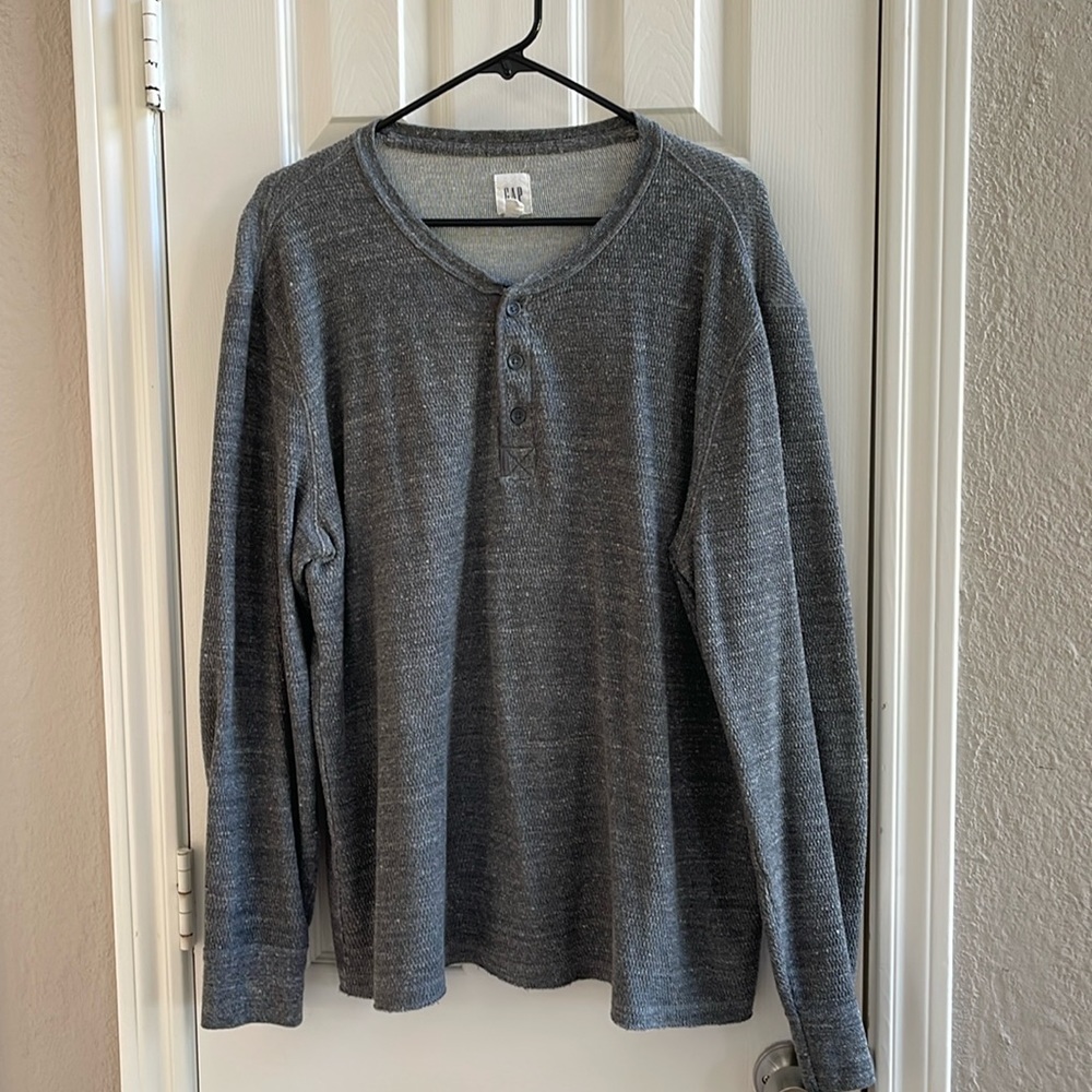 GAP Men's Henley Shirt Light Grey Heathered Ribbed Long Sleeve Size XL